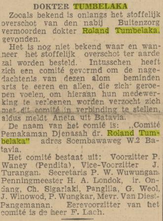 Berita penemuan jenazah Dr. Roland Tumbelaka di harian Nieuwe Courant yang terbit 21 Februari 1947